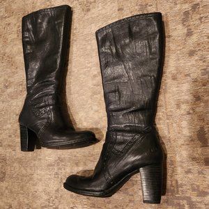 Born W31646 Black Leather Zip Womens High Heel Knee High Pull On Boots Size 8.5